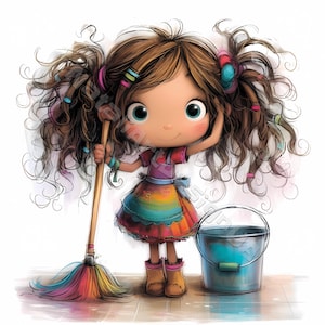 May include: A cartoon girl with long brown hair and a colorful dress holds a rainbow-colored broom and a blue bucket.