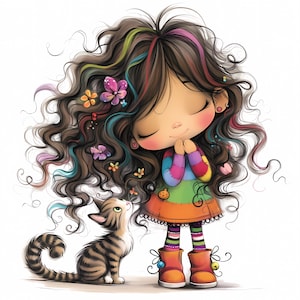 Schrullig Mädchen mit Katze Clipart 10 hochauflösende Aquarell JPGs für Junk Journals Scrapbooking Kartenherstellung Digital Download Fantasy wunderlich