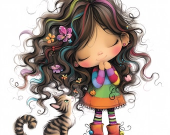 Chica peculiar con gato Clipart 10 JPG de acuarela de alta resolución para diarios basura Scrapbooking Fabricación de tarjetas Descarga digital Fantasía Caprichosa