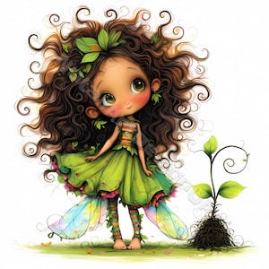 Chica con flores verdes Clip Art 10 Alta Resolución Acuarela JPG Diario Basura, Scrapbooking Tarjetas Kit de Descarga Digital Fantasía Hada Caprichosa