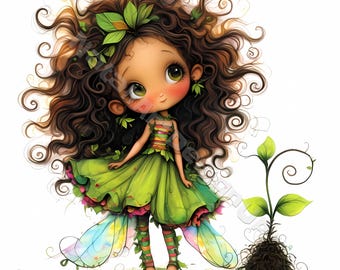 Green floral girl Clip Art 10 High Res Watercolor JPG Junk Journaling, Scrapbooking Card Making Digital Download Kit Fantasy Whimsical fairy
