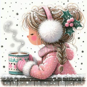 Puede incluir: Una ni&ntilde;a con un abrigo rosa y orejeras blancas con una rama de acebo en el pelo sostiene una taza azul y blanca con una bebida humeante. El fondo es blanco con un efecto de nieve.