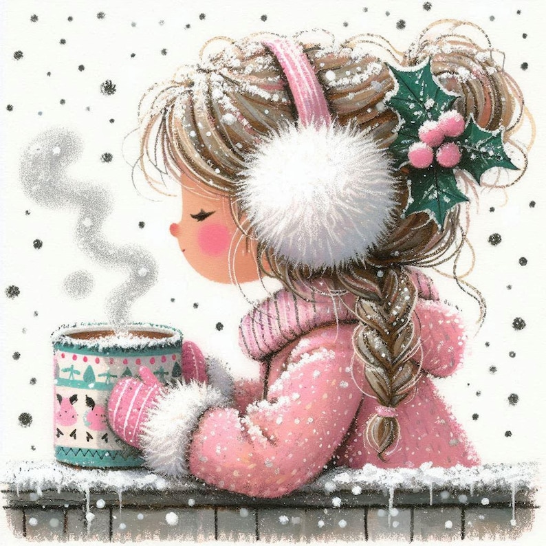 Puede incluir: Una ni&ntilde;a con un abrigo rosa y orejeras blancas con una rama de acebo en el pelo sostiene una taza azul y blanca con una bebida humeante. El fondo es blanco con un efecto de nieve.