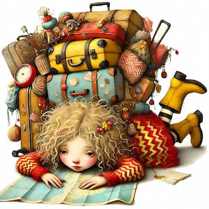 Schrulligen Touristen Mädchen Clipart 10 hochauflösende Aquarell JPGs für Junk Journals Scrapbooking Kartenherstellung Digital Download Fantasy Reise Tourist