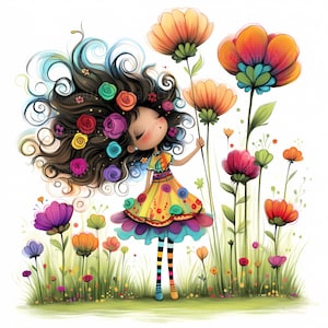 Ragazza con i fiori stravagante Clipart 10 JPG ad alta risoluzione per acquerelli per diari spazzatura, scrapbooking, creazione di biglietti, download digitale Ragazza stravagante fantasy