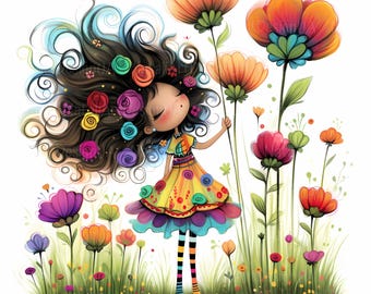 Whimsical flower girl Clipart 10 High Res Watercolor JPGs for Junk Journals Scrapbooking Card Making Digital Download Fantasy quirky girl