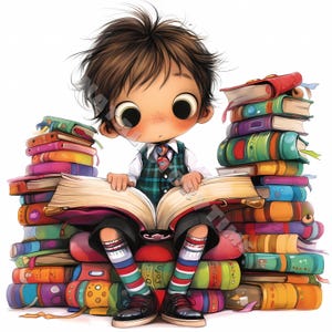 Ragazzo amante dei libri eccentrico Clipart 10 ad alta risoluzione Acquerello JPG per Junk Journals Scrapbooking Card Making Download digitale diploma di scuola
