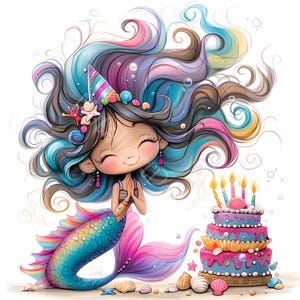 Quirky Birthday Cake Mermaid Clip Art 10 High Res Watercolor Jpgs Junk ...