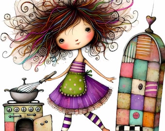 Quirky Cooking Clip Art 10 högupplösta akvarell-JPG-bilder för skräpjournaling, scrapbooking, korttillverkning, digitalt nedladdningskit, fantasi, nyckfullt