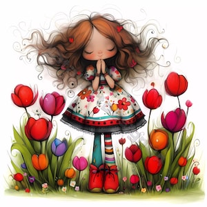 Fille tulipe rouge Clip Art 10 haute résolution JPG aquarelles, journalisation indésirable, scrapbooking, fabrication de cartes, Kit de téléchargement numérique, fantaisie original