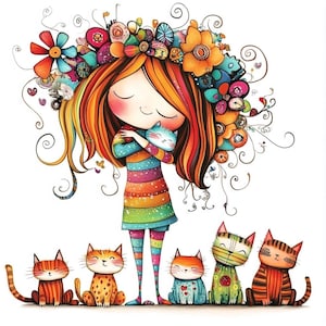 Filles fantaisistes amoureuses des chats Clipart 10 JPG aquarelle haute résolution pour journaux indésirables Scrapbooking Carterie en téléchargement numérique Fantasy original