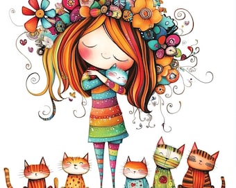 Whimsical cat lover girls Clipart 10 High Res Watercolor JPGs for Junk Journals Scrapbooking Card Making Digital Download Fantasy quirky