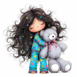 Fille confortable en pyjama Clipart 10 haute résolution aquarelle JPG pour journaux indésirables Scrapbooking Carterie en téléchargement numérique Fantasy lunatique