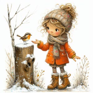 Niñas con pájaros Clipart 10 JPG de acuarela de alta resolución para diarios basura Scrapbooking Fabricación de tarjetas Descarga digital Acuarela de invierno