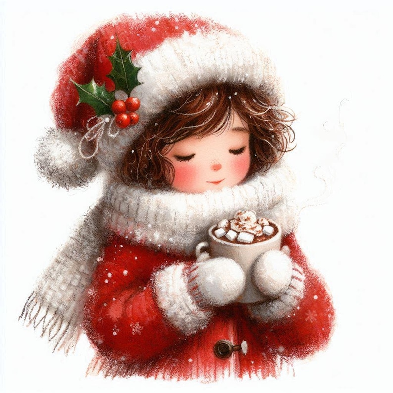 Puede incluir: Una ni&ntilde;a peque&ntilde;a con un gorro de Pap&aacute; Noel rojo y blanco y una bufanda blanca sostiene una taza de chocolate caliente con malvaviscos.