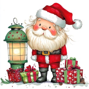 Quirky Santa Clipart 10 JPGs aquarela de alta resolução para diários de lixo Scrapbooking Cartão Fazendo Kit de download digital Fantasia Caprichosa Natal
