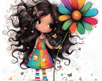 Cute flower girl Clipart 10 High Res Watercolor JPGs for Junk Journals Scrapbooking Card Making Digital Download Fantasy quirky girl