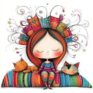 Filles fantaisistes amoureuses des chats Clipart 10 JPG aquarelle haute résolution pour journaux indésirables Scrapbooking Carterie en téléchargement numérique Fantasy original