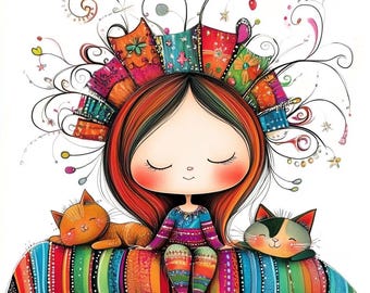 Whimsical cat lover girls Clipart 10 High Res Watercolor JPGs for Junk Journals Scrapbooking Card Making Digital Download Fantasy quirky