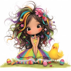 Fille et poulet de Pâques Clipart 10 JPG aquarelles haute résolution pour journaux indésirables Scrapbooking Carterie en téléchargement numérique à l'aquarelle de printemps