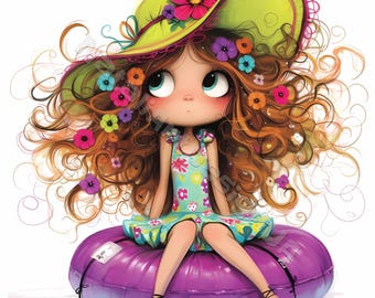 Udda strandflicka Clip Art 10 högupplösta akvarell JPG-bilder Skräpjournaling, scrapbooking, korttillverkning digital nedladdning Fantasy sommar clipart