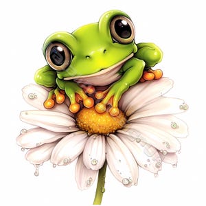 Frosch mit Gänseblümchen Clip art 10 hochauflösende JPGs in Aquarellfarben für Junk Journals Scrapbooking Kartenherstellung Digitaler Download Fantasietiere schrullig