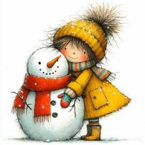 Ragazza eccentrica e pupazzo di neve Clipart 10 JPG ad alta risoluzione per acquerelli per diari spazzatura, scrapbooking, creazione di biglietti, download digitale, acquerello invernale