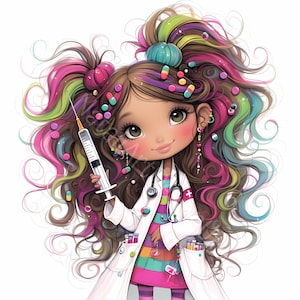 Fille de chambre d'enfant originale Clipart 10 fichiers JPG aquarelle haute résolution pour journaux indésirables Scrapbooking Carterie en téléchargement numérique Fantasy Medical girl