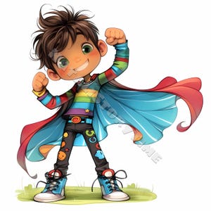 Clip art enfant super-héros fantaisiste 10 JPG aquarelles haute résolution, journalisation indésirable, scrapbooking, fabrication de cartes Kit de téléchargement numérique fantaisie original