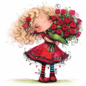 Fille de roses rouges Clip Art 10 haute résolution aquarelle JPG, journal indésirable, scrapbooking, fabrication de cartes, kit de téléchargement numérique, fleur originale fantaisie