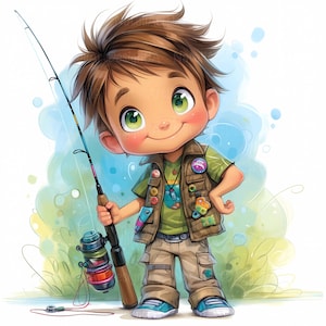 Pêcheur original Clip Art 10 haute résolution aquarelle JPG indésirable journalisation Scrapbooking Carterie en téléchargement numérique Kit Fantasy clipart pêche