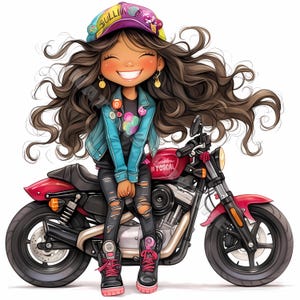 Fille motard excentrique 10 cliparts haute résolution aquarelle JPG indésirable journaux Scrapbooking Carterie en téléchargement numérique Fantasy lunatique moto