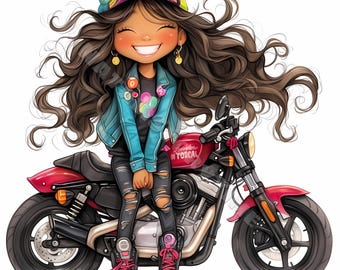 Quirky biker girl Clipart 10 High Res Watercolor JPG Junk Journals Scrapbooking Card Making Digital Download Fantasy Whimsical Motorcycle
