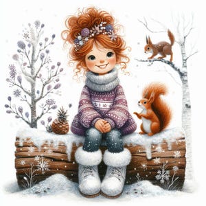 Bambine con scoiattolo Clipart 10 JPG ad alta risoluzione per acquerelli per diari spazzatura, scrapbooking, creazione di biglietti, download digitale, acquerello invernale