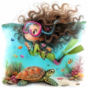 Fille de plongeur originale Clip Art 10 JPG aquarelles haute résolution, journal indésirable, scrapbooking, fabrication de cartes Kit de téléchargement numérique plongée sous-marine