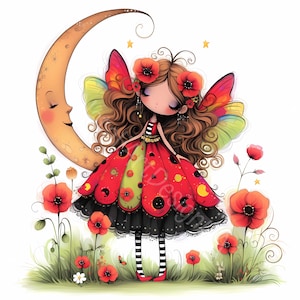 Clipart fée coquelicot rouge 10 haute résolution JPG aquarelles, journalisation indésirable, scrapbooking, fabrication de cartes, kit de téléchargement numérique, fantaisie original