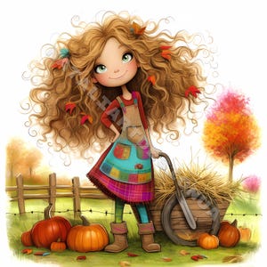 Autumn farm girl Clip Art 10 High Res Watercolor JPGs Junk Journaling Scrapbooking Card Making Digital Download Kit Fantasy Quirky fall girl