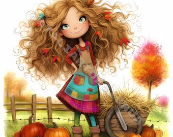 Autumn farm girl Clip Art 10 High Res Watercolor JPGs Junk Journaling Scrapbooking Card Making Digital Download Kit Fantasy Quirky fall girl