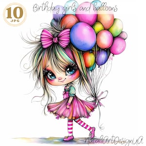 Eigenzinnige verjaardag meisje clipart, 10 JPG eigenzinnig meisje, grappige verjaardagskaart verjaardag afbeeldingen, scrapbooking clipart, eigenzinnige clipart, verjaardagsballons