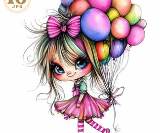 Skurriles Geburtstagskind Clipart, 10 JPG schrulliges Mädchen, lustige Geburtstagskarte, Geburtstagskarte, Scrapbooking Clipart, Geburtstagsballons