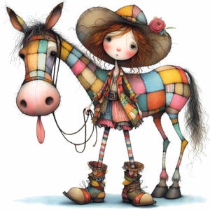 Schrulliges Pferd und Mädchen Clipart 10 hochauflösendes Aquarell JPG für Junk Journals Scrapbooking Kartenherstellung digitaler Download Fantasy wunderliches Pferd