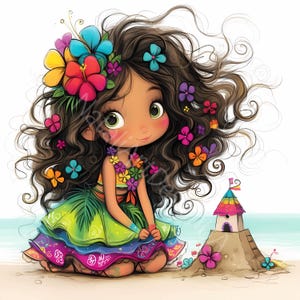 Clip Art de chica hawaiana caprichosa 10 JPG de acuarela de alta resolución Diario basura, Scrapbooking, Fabricación de tarjetas Descarga digital Clipart de fantasía