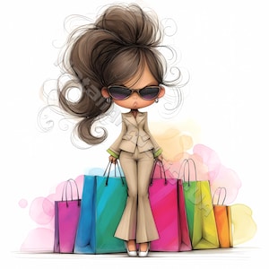 Grumpy shopping girl Clipart 10 High Res Watercolor JPGs for Junk Journals Scrapbooking Card Making Digital Download Fantasy Whimsical