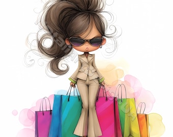 Grumpy shopping girl Clipart 10 High Res Watercolor JPGs for Junk Journals Scrapbooking Card Making Digital Download Fantasy Whimsical