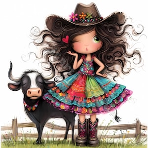 Cow-girl originale avec vache Clip Art 10 JPG aquarelles haute résolution journalisation indésirable, scrapbooking fabrication de cartes Kit de téléchargement numérique Fantasy Western