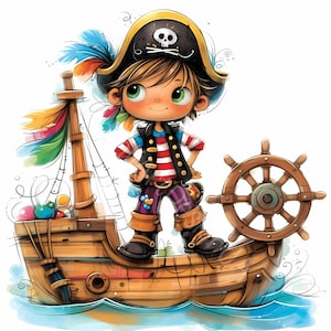 Clip Art de niño pirata peculiar 10 archivos JPG de acuarela de alta resolución Kit de descarga digital para creación de tarjetas, álbumes de recortes y diarios basura Imágenes prediseñadas de fantasía Mar