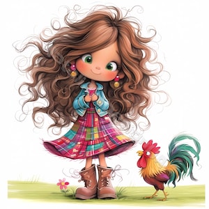 Fille de coq campagnard Clip Art 10 haute résolution aquarelle JPG indésirable journalisation Scrapbooking Carterie en téléchargement numérique Kit ferme rustique fantastique