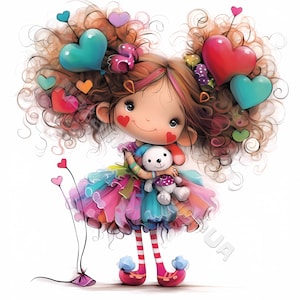Clip Art de una chica payaso peculiar, 10 archivos JPG de acuarela de alta resolución, para diario basura, scrapbooking, creación de tarjetas, kit de descarga digital, artista chica divertida