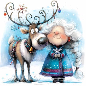 Winter grandma and reindeer Clipart 10 High Res Watercolor JPG for Junk Journals Scrapbooking Card Making Digital Download Fantasy Christmas