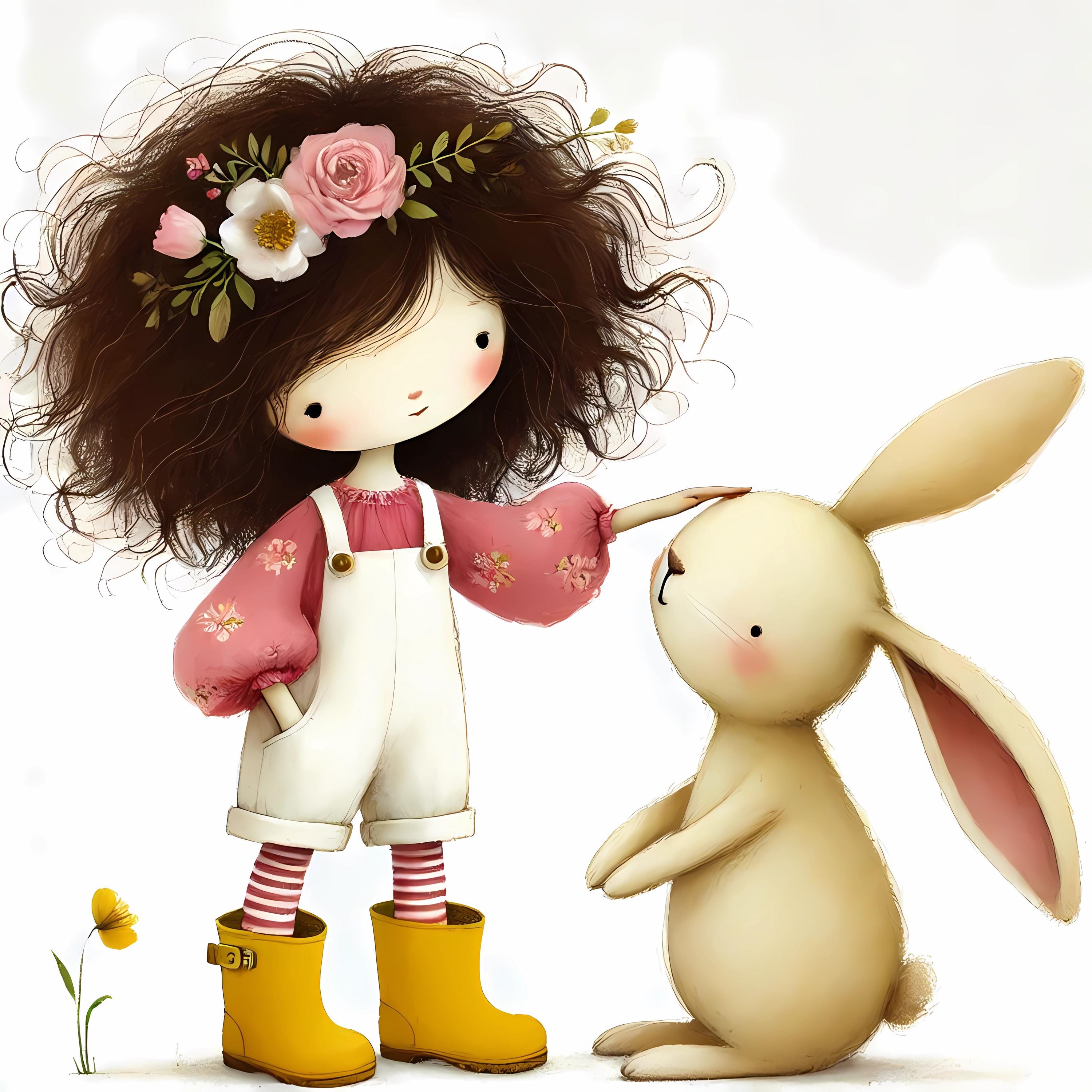 Quirky Girl and Rabbit Clipart 10 High Res Watercolor Jpgs for Junk ...